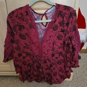 Maurice's Women's Pink & Black Bohemian Style Bell Sleeve Floral 3/4 Sleeve Top